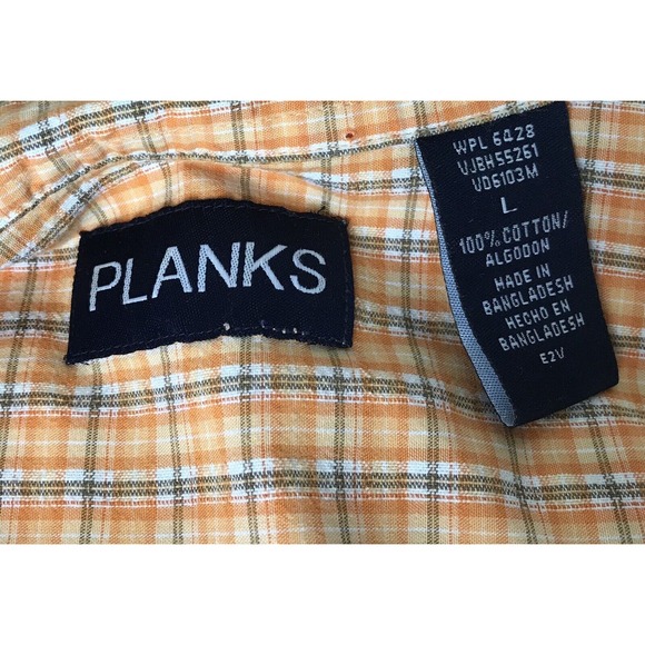 PLANKS Mens Short Sleeve Button Front Orange Checkered Shirt Size Large - Picture 5 of 5